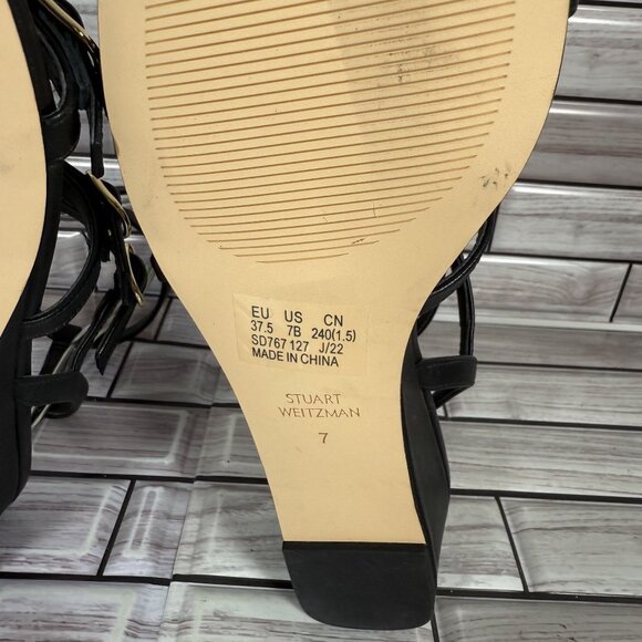 Stuart Weitzman Women's Black Leather Grecian Buckle Wedge Sandals Size 7-NEW - Picture 8 of 8